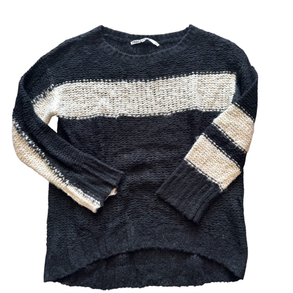 Pam & Gela Black and Cream Striped Sweater, Size Small, Wool Blend Sweater